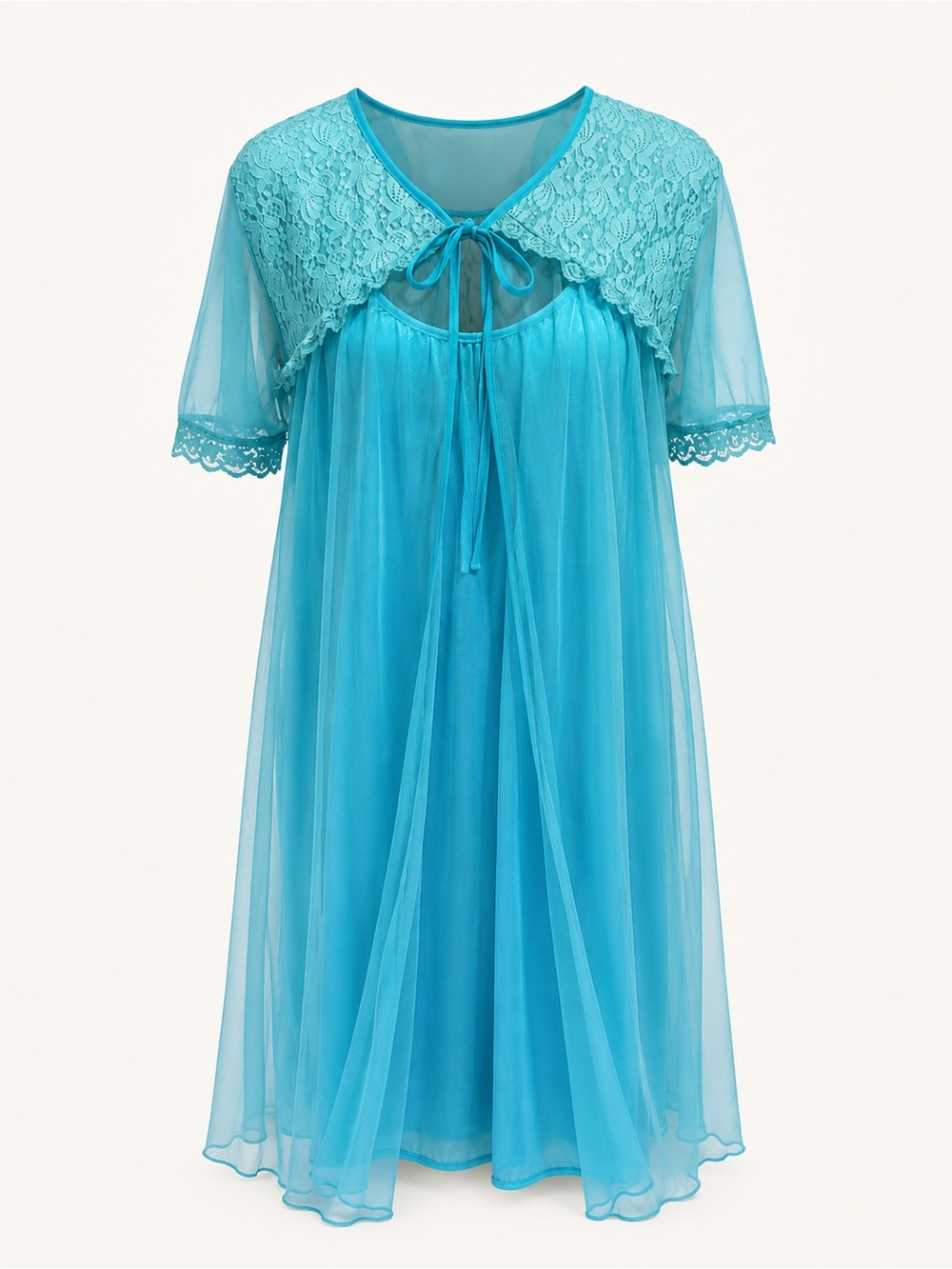 Vintage Elsie Miami Peignoir Set Teal Lace Robe Chemise L